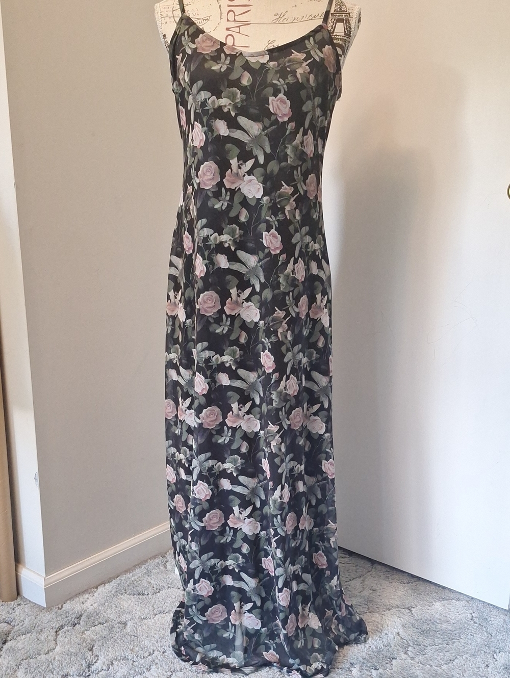 Thorn&Fable Dragonfly and Roses Maxi Slip Dress Size M NWOT